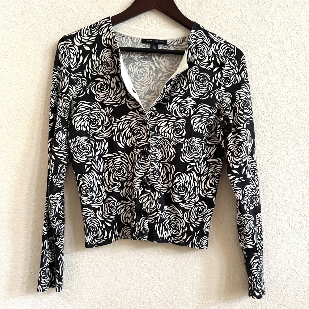 Banana Republic Silk Cotton Blend Floral Rose Cardigan Top Black and White Sz XS